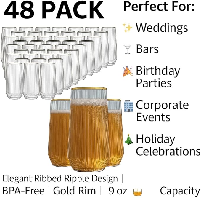 48 Pack Ribbed Ripple Stemless Toasting Glasses, Origami Durable 9 Oz BPA-Free Disposable Plastic Champagne Flutes for Weddings, Bars, Events, and Celebrations (Gold Rim)