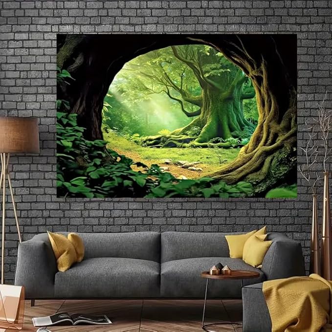 FENDROM Tree Cave Tapestry,Misty Forest Fairy Tale Wall Hanging Natural Jungle Sunshine Through Scenery Aesthetic tapestries for Living Room Bedroom Office Spring Decoration