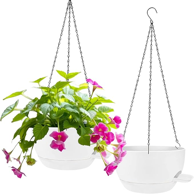 2 Pack Hanging Planters for Indoor Outdoor Plants, 8 Inch Self Watering Hanging Pot with Drainage Holes and Saucer, Plastic Plant Pots, White Flower Pots for Kitchen, Balcony, Garden