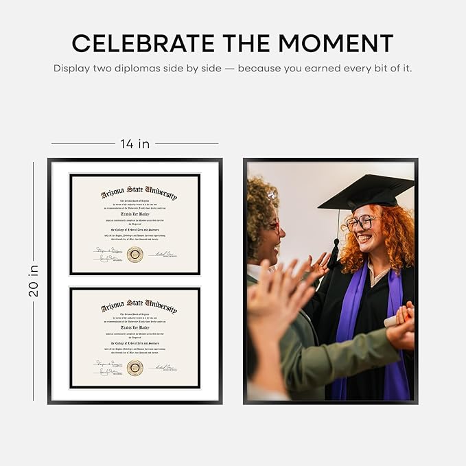 Homeforia 14x20 Double Diploma Frame Black, High End Metal 14 x 20 Certificate Frames with Mat for Two 8.5 by 11 Diplomas, 20x14 Dual Award Graduation Matted Frames, Tempered Glass, Wall Kit, Set of 1