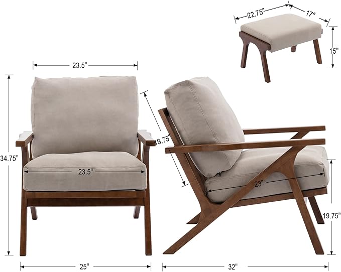Wahson Mid Century Arm Chair and Ottoman Set, Upholstered Accent Armchair with Wood Frame and Canvas Cushions, Leisure Slipper Chair for Living Room/Bedroom, Beige
