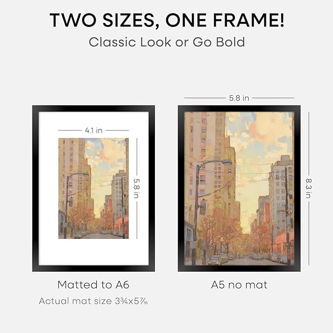 Homeforia A5 Picture Frame Black, High End Metal 5.8x8.3 Frames Matted to 4.1x5.8 Print, A5 Photo Frame with Mat A6, 5.8 x 8.3 Poster Frame, 8.3x5.8 Display Frames, Tempered Glass, Wall Kit, Set of 1