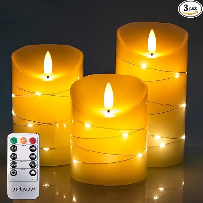 DANIP Ivory LED flameless Candle, with Embedded Star String, 3-Piece LED Candle Set, with 11 Button Remote Control, 24-Hour Timer Function, Dancing Flame, Real Wax, Battery Powered. (Ivory)