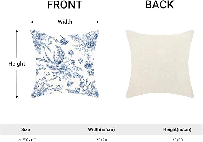 CXMEIFLY Spring Floral Leaves Pillow Covers 20 x 20 Inch Set of 2 for Chinoiserie Flowers Decor Throw Pillows Blue and White Seasonal Plant Outdoor Decorative Cushion Cases for Couch Bed Decorations