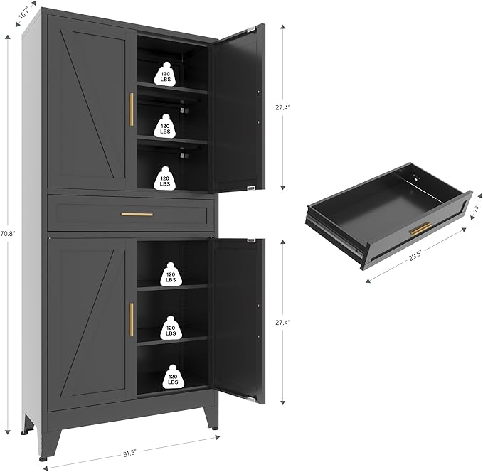 71 "Farmhouse Metal Filing Cabinet with a Drawer and 4 Adjustable Shelves, with 4 Large barn Door White Kitchen Cabinets, Metal Food Cabinets for Home, Kitchen, Dining/Living Room (Black)