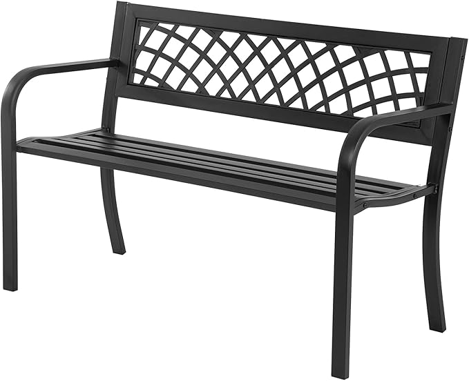 Garden Bench,Outdoor Benches,Iron Steel Frame Patio Bench with Mesh Pattern and Plastic Backrest Armrests for Lawn Yard Porch Work Entryway,Black