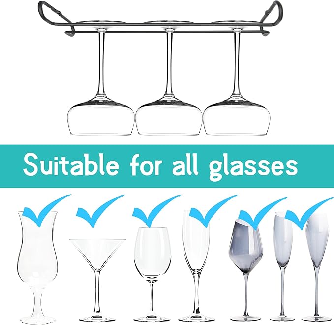 10 Inch Wine Glass Rack Under Cabinet Shelf Stemware Storage Hanging Hanger Organizer Glasses Holder with Drying Under Counter Metal for Kitchen and Bar Set of 4 Black