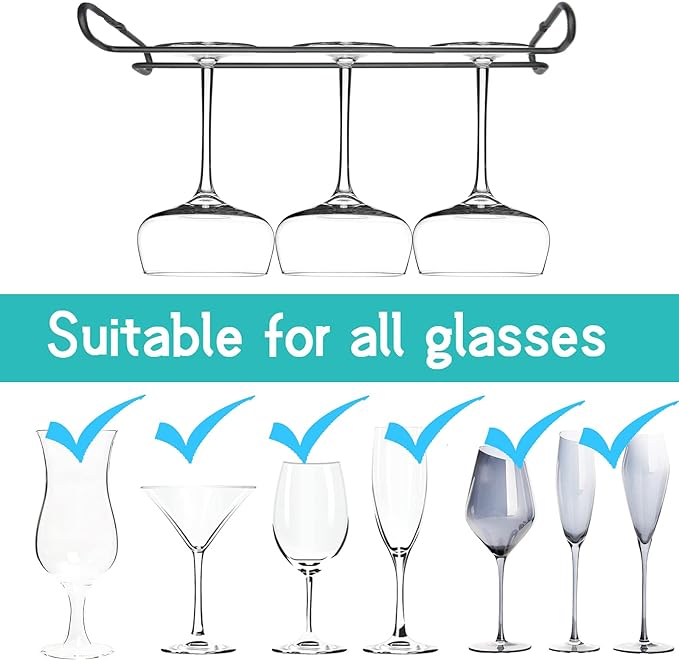 10 Inch Wine Glass Rack Under Cabinet Shelf Stemware Storage Hanging Hanger Organizer Glasses Holder with Drying Under Counter Metal for Kitchen and Bar Set of 2 Black