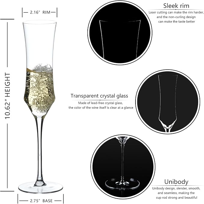Champagne Flutes Set of 6 - Hand Blown Crystal Champagne Glasses With Long Stem - 7 oz Elegant Sparkling Wine Stemware - Unique Gift for Birthday,Wedding,Mother's Day,Housewarming