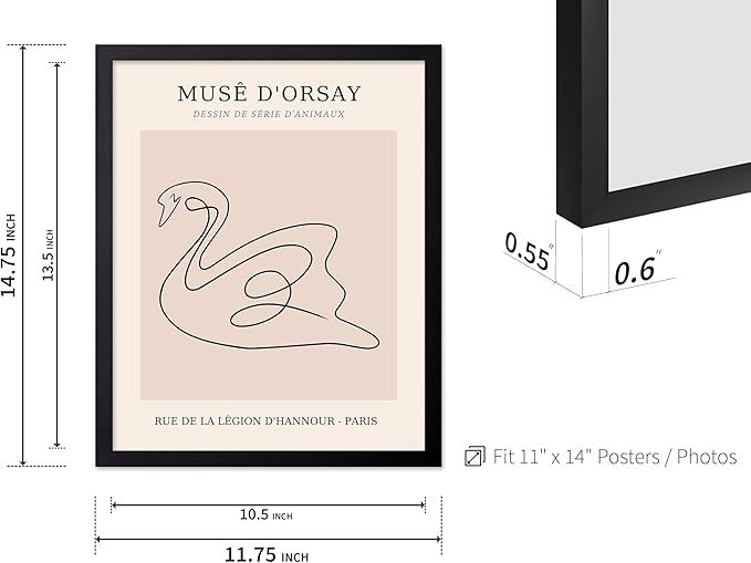 Poster Master Vintage Poster - Retro One Line Swan Drawing Print - Swan Art - Bird Art - Minimal Gift for Her, Animal Lover - Abstract Decor for Home, Office, Bedroom, 11x14 Black Framed