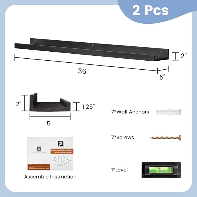 Picture Ledge Shelf for Wall, 36 inch Solid Pine Wood Nursery Book Shelves 2 Packs, Floating Ledge Shelves for Kids' Room Bedroom Bathroom Living Room Photo Frames Office Nursey Wall Decor, Black