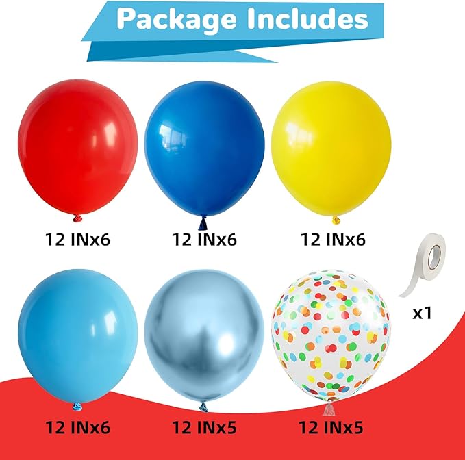 Red Yellow Blue Balloons Light Baby Royal Metallic Blue Red Yellow Primary Balloons with Colorful Confetti Latex Balloon for Carnival Circus Baby Shower Birthday Party Decor