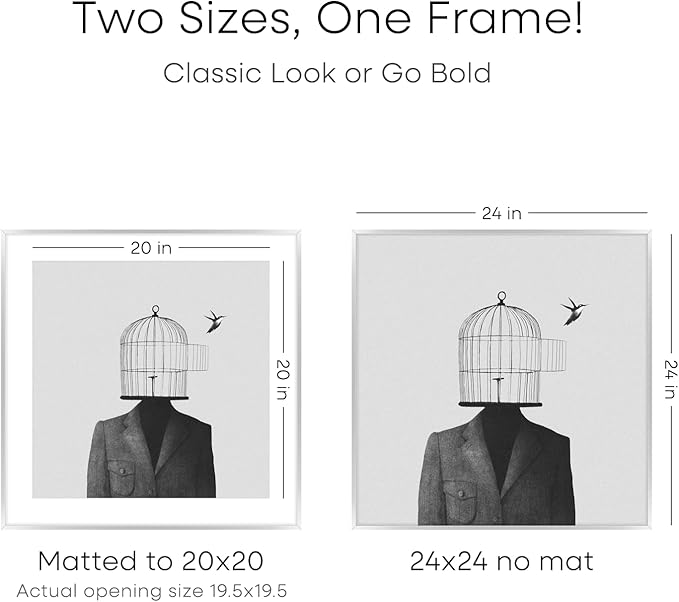 Homeforia 24x24 Silver Picture Frame, High End Metal 24 x 24 Large Square Silver Frames with Mat 20 by 20 inch Photo, 24by24 Thin Poster Frame Matted to 20x20 Print, Tempered Glass, Wall Kit, Set of 1