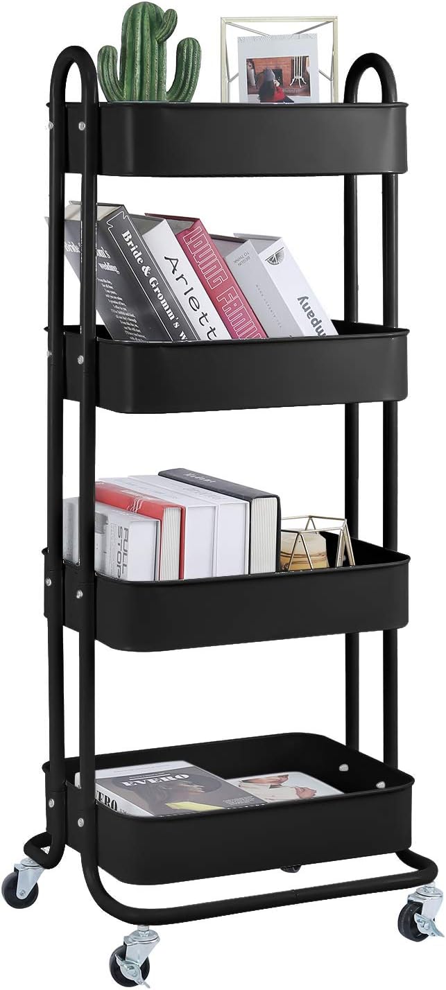 4-Tier Metal Mesh Utility Rolling Cart Storage Organizer Shelf Rack with Lockable Wheels for Living Room Kitchen Office, Black