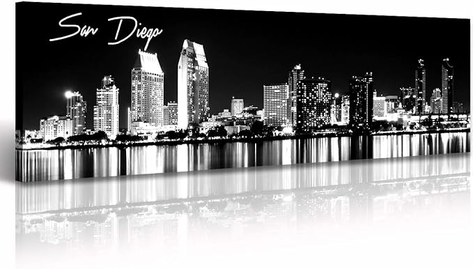 DJSYLIFE San Diego Skyline Wall Art Black and White Night View USA Cityscape California Pictures Artwork Painting Poster for Bedroom Office Decoration Stretch Framed Ready to Hang 13.8"x47.3"
