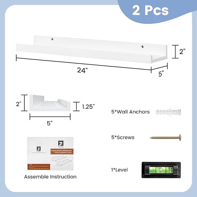 Picture Ledge Shelf for Wall, 24 inch Solid Pine Wood Nursery Book Shelves 2 Packs, Floating Ledge Shelves for Kids' Room Bedroom Bathroom Living Room Photo Frames Office Nursey Wall Decor, White