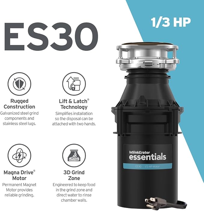 InSinkErator ES30 W/C 1/3 HP Motor Continuous Feed Kitchen Garbage Disposal with Power Cord
