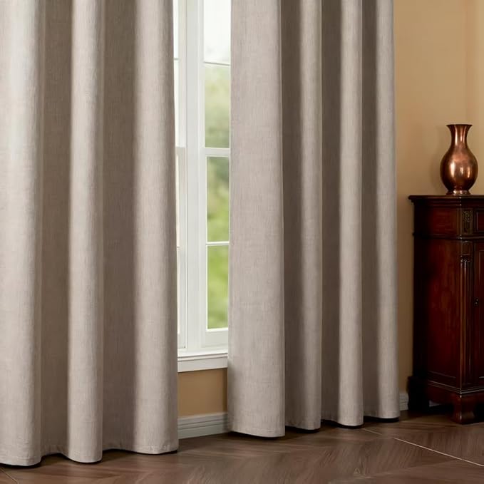 Linen Curtains 84 Inch Length 2 Panels Set, 100% Blackout Curtains Textured Thermal Insulated, Grommet Light Blocking Drapes for Living Room Bedroom Luxury Decor(52W × 84L inch, Linen)