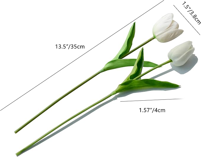 Mandy's Artificial Tulips 12 Stems White PU Faux Flowers for Wedding Home Decor 13.5 Inch