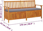 vidaXL Acacia Wood Outdoor Storage Bench Deck Box with Cushion - Solid Wood Patio Furniture, Brown/Dark Gray, 66.9"x24.8"x33.1"