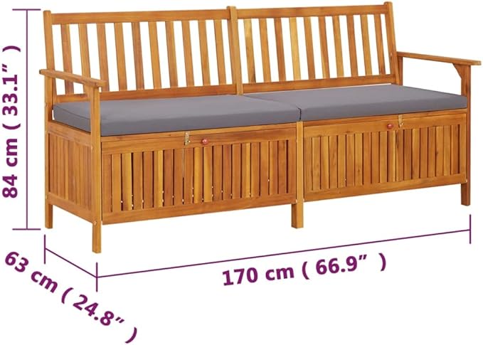 vidaXL Acacia Wood Outdoor Storage Bench Deck Box with Cushion - Solid Wood Patio Furniture, Brown/Dark Gray, 66.9"x24.8"x33.1"