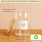 3 Pcs Glass Canisters with Airtight Bamboo Lids and 42 Kitchen Pantry Labels Preprinted - Clear Glass Flour and Sugar Storage Container Set - Large Glass Jars with Wood Lids(100 OZ/54 OZ/27 OZ)