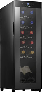 NutriChef PKCWC120 White & Red Cooler-Freestanding Countertop Compact Mini Wine Fridge Chiller Capacity, Digital Control, Glass Door, 12 Bottle-Black