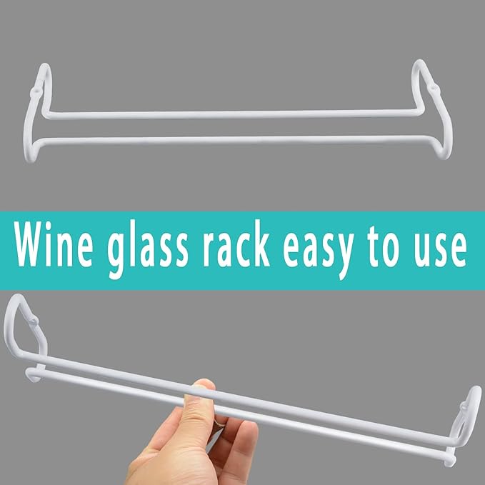 White 4 Wine Glass Rack Under Cabinet Shelf 10 Inch Stemware Storage Hanging Hanger Organizer Glasses Holder with Drying Under Counter Metal for Kitchen and Bar