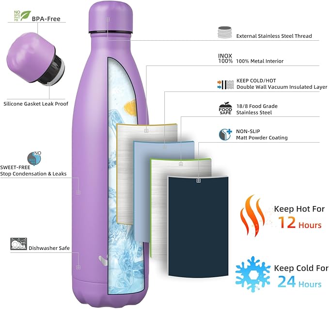 Insulated Water Bottles,25 oz Double Wall Stainless Steel Vacumm Metal Flask for Sports Travel,Lavender