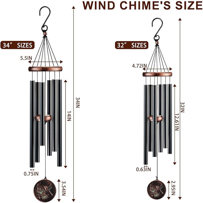 Wind Chimes for Outside, Hummingbird Deep Tone Vintage Wind Chime Outdoor Clearance, Sympathy/Memorial/Festivals/Birthday Gift for Mom Dad Grandma, Home Garden Patio Decor (32" Hummingbird)
