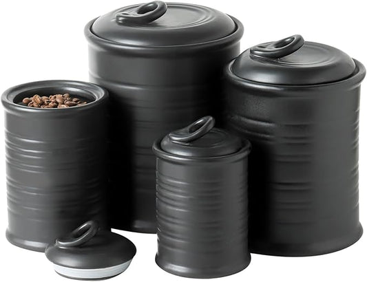 Nihow Food Storage Jar Sets: Ceramic Container with Air Tight Lid for Flour/Sugar/Rice/Coffee/Cookies/Candy - Seal Damp-proof Canister for The Kitchen Counter - Set of 4 （Matte Black）