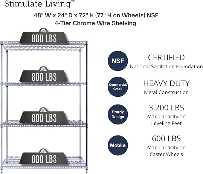 48"x24"x72" Prime Heavy Duty Chrome 4-Tier Wire Shelving NSF 3200 LBS MAX Capacity Storage Rack for Commercial, Hospital, School, Garage, and Kitchen Uses (with Wheels)