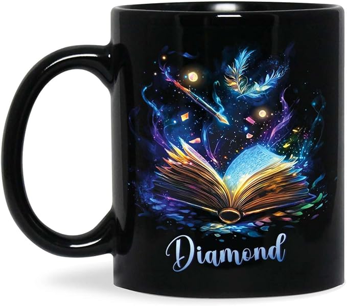 Personalized Sparkling Book Coffee Mug, Custom Name Enchanted Book Design Cup, Customized Fantasy Inspired Ceramic Mug, Gift For Women Men, Book Enthusiasts Black Cup 11oz Or 15oz