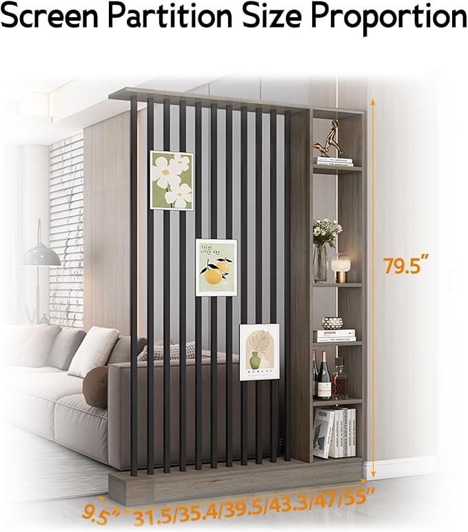 Wall Room Divider, Storage Cabinet Storage Display with Shelves, Modern Freestanding Wood Room Divider Screen, Wall Privacy Screens for Home Decorative (Grey Oak+Black,39.5" L x 9.5" W x 79.5" H)