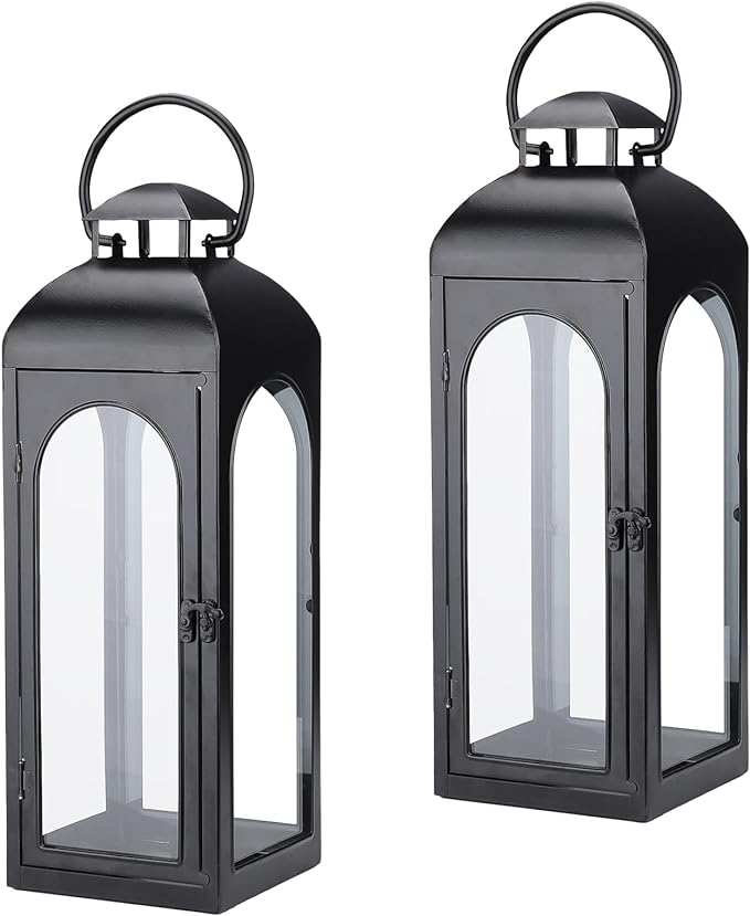 Bdor 2 Pack Luxury Black Metal Lanterns – 16" Tall Modern Hurricane Candle Lanterns with Tempered Glass Panels for Front Porch, Tabletop, Mantel, Wall Hanging, Garden, Indoor & Outdoor Décor