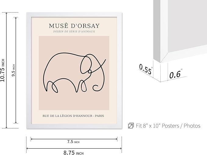Poster Master Vintage Poster - Retro One Line Elephant Drawing Print - Elephant Art - Minimal Gift for Men, Women, Animal Lover - Abstract Wall Decor for Home, Office, 8x10 White Framed