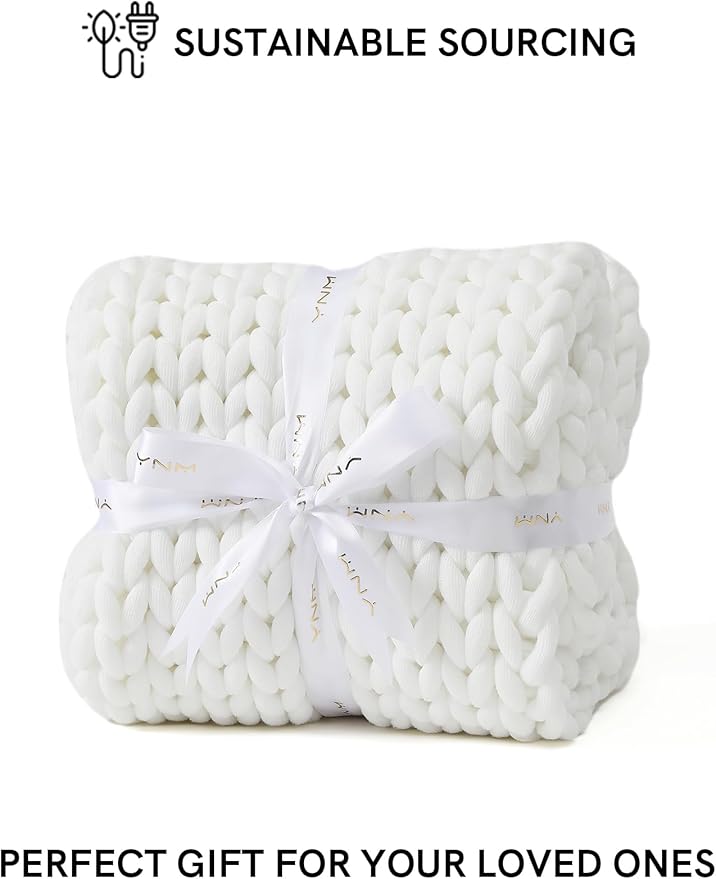YnM Chunky Throw Blanket, Medium-Weight, Hand Knitted, Skin Friendly, Ventilated and Breathable, Machine Washable, Home Décor Piece for Couch, Sofa and Bed (White, 60x80 Inch)