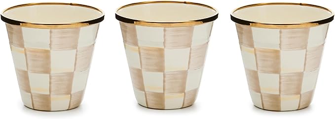 MACKENZIE-CHILDS Enamel Herb Pots, Small Plant Pots for Herbs or Flowers, Set of 3, Brown-and-White Mocha Check