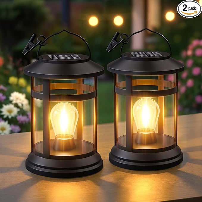 Solar Lanterns Outdoor Waterproof: 2 Pack Hanging Solar Lights for Outside Patio Porch Garden Tabletop Decor - Bright LED Warm White Solar Powered Lighting - 2025 Gardening Lovers Mom Gifts