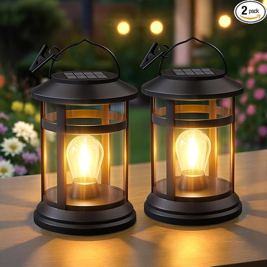 Solar Lanterns Outdoor Waterproof: 2 Pack Hanging Solar Lights for Outside Patio Porch Garden Tabletop Decor - Bright LED Warm White Solar Powered Lighting - 2025 Gardening Lovers Mom Gifts