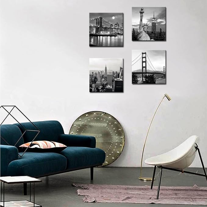 LevvArts Black and White City Wall Art Modern Brooklyn Bridge Picture Prints US Cityscape Canvas Artwork for Bedroom Home Decor