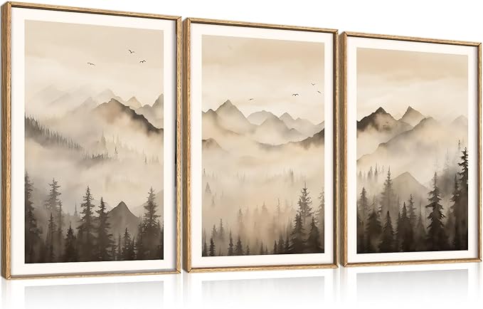 Celestdeco Nature Misty Forest Framed Canvas Wall Art Set, Foggy Landscape Wall Decor, Watercolor Pine Tree Wall Painting, Large Mountains Art Print for Living Room, Bedroom, Office - 24"X36"X3