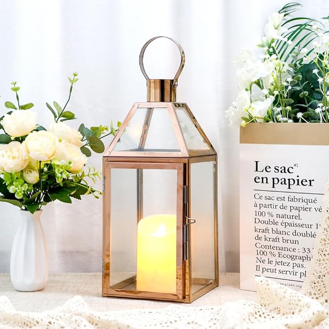 JHY Design Rose Gold Decorative Lanterns 16 inch High Stainless Steel Candle Lanterns with Tempered Glass for Indoor Outdoor Events Parities and Weddings