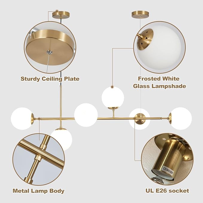 KCO Lighting Modern Globe Linear Chandelier 6 Light Milk Glass Chandeliers White and Gold Pendant Light Fixture Mid Century Rectangle Chandelier Brass Sputnik Island Lights for Kitchen