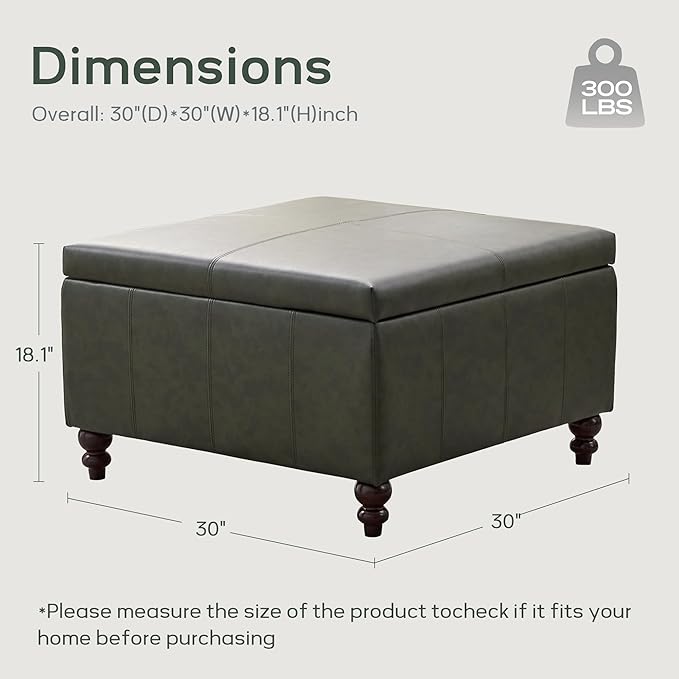 HUIMO Square Leather Storage Ottoman,Ottoman Coffee Table with Storage for Living Room (Vintagegreen)