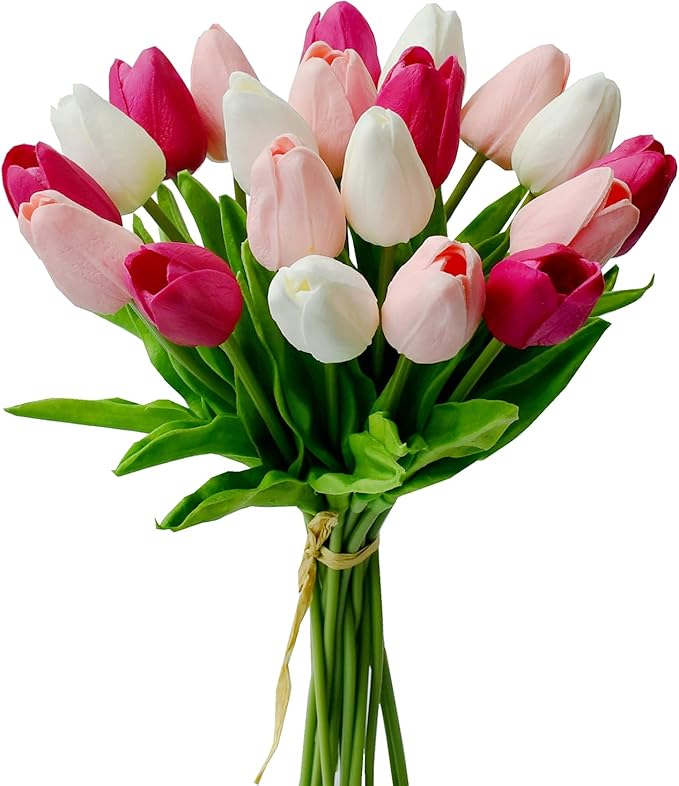 Mandy's Artificial Tulips 20 Stems Shades of Pink PU Faux Flowers for Wedding Home Decor 13.5 Inch