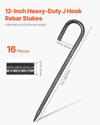 VEVOR Rebar Stakes, 12-Inch, Heavy-Duty 0.4 in Diameter J Hook, Galvanized Steel Ground Anchors with Chisel Point End & Rust-Resistant Coating, for Gardening Support, Fence, Camping Tents (16-Pack)
