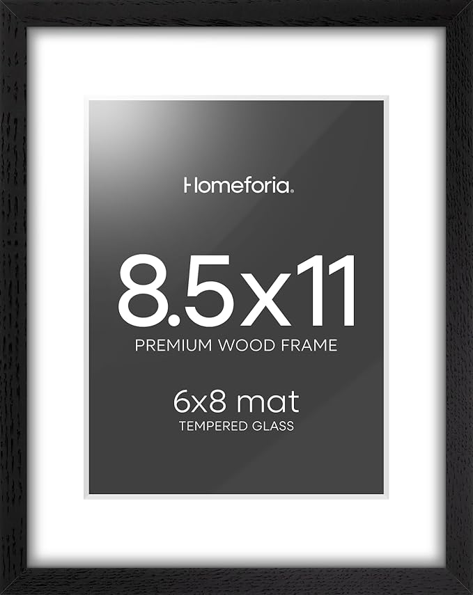 Homeforia 8.5x11 Picture Frame Black Wood, High End Oak 8.5 x 11 Frames with Mat 6 by 8 Print, 8.5by11 Wooden Frame Matted to 6x8 inch Photo, Wall or Tabletop Frame, Tempered Glass, Wall Kit, Set of 1