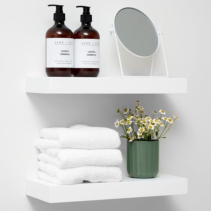 Homeforia White Floating Shelves 16 inch, High End Solid Real Wood 16inch Bathroom Floating Shelf for Wall Mounted, White Wooden 16 Floating Shelves, Heavy Duty Bracket, 16 X 6.5 X 1.75 inch, Set of 3