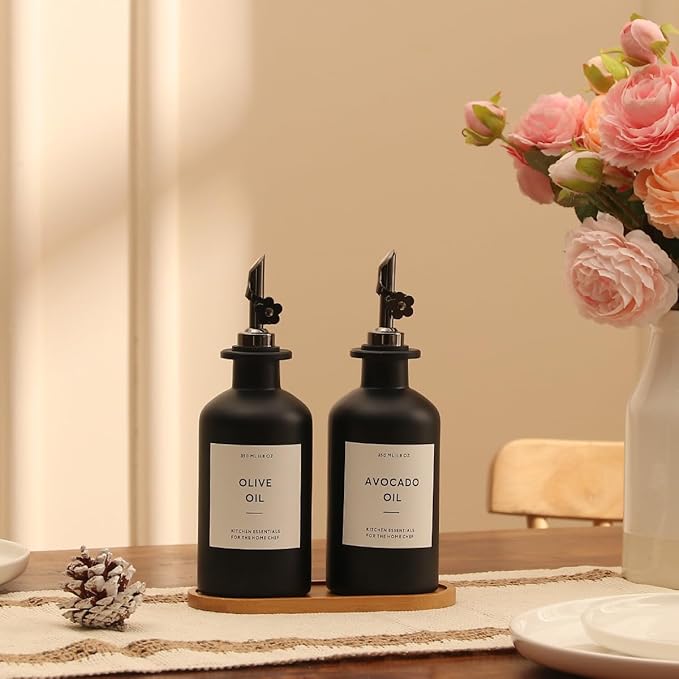 HOMCDALY Olive Oil Dispenser for Kitchen, 11.8oz Glass Kitchen Dispenser Bottle, Black Oil&Vinegar Cruet Set, Leakproof Olive Oil Bottles | Set of 2 (11.8oz – Black)